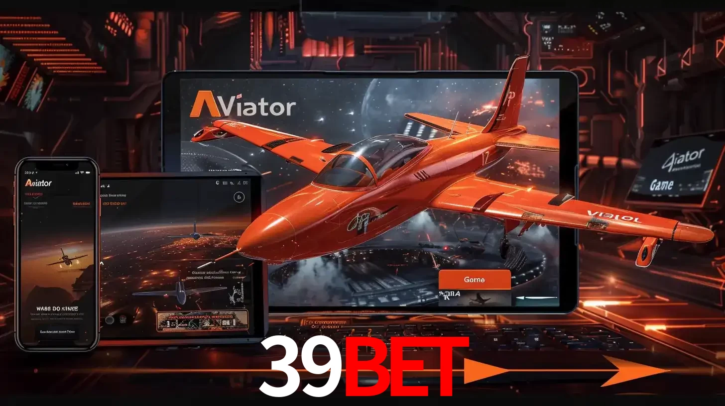 Apresentação tecnológica do jogo Aviator com um avião saindo da tela de um tablet, demonstrando a experiência imersiva em múltiplos dispositivos no 39BET.