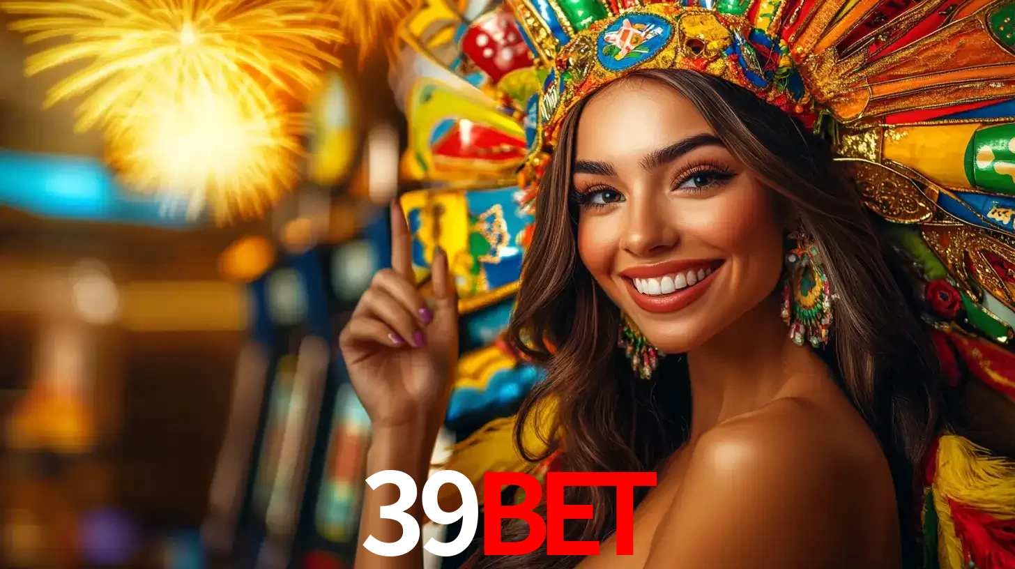Mulher sorridente com um cocar de carnaval vibrante e colorido, celebrando uma grande vitória nos jogos do cassino 39BET com fogos de artifício ao fundo.
