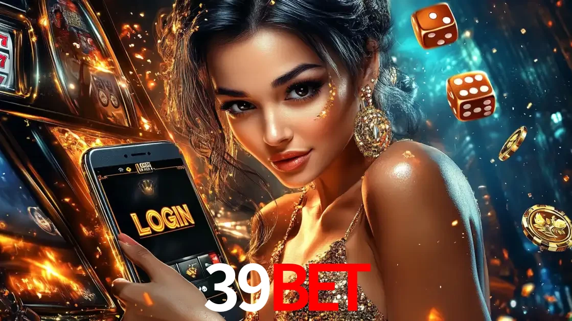 Mulher glamourosa segurando um celular com a tela de login do cassino 39BET, rodeada por dados e moedas douradas, pronta para começar a diversão.