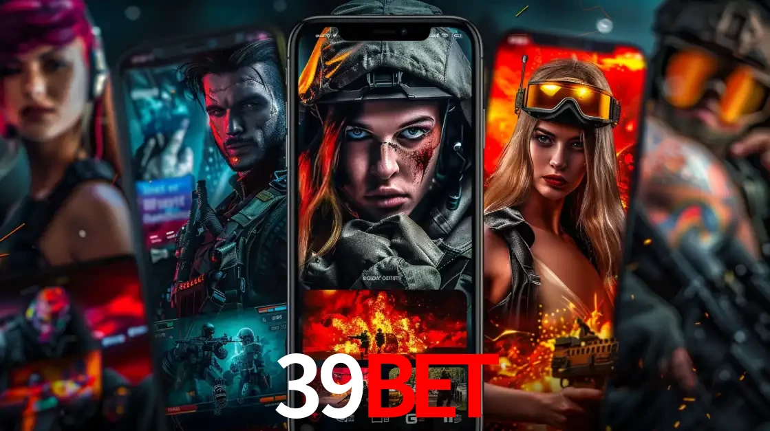 Montagem de telas de celular mostrando diversos personagens, masculinos e femininos, de um jogo de tiro, ilustrando a diversidade de equipes de e-sports para apostar no 39BET.
