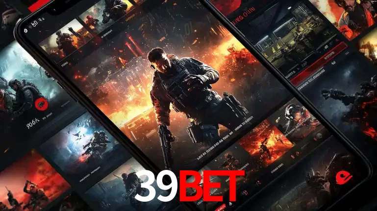 Tela de um celular exibindo uma galeria de jogos de tiro com temática militar, mostrando a variedade de e-sports disponíveis para apostas na plataforma de entretenimento 39BET.