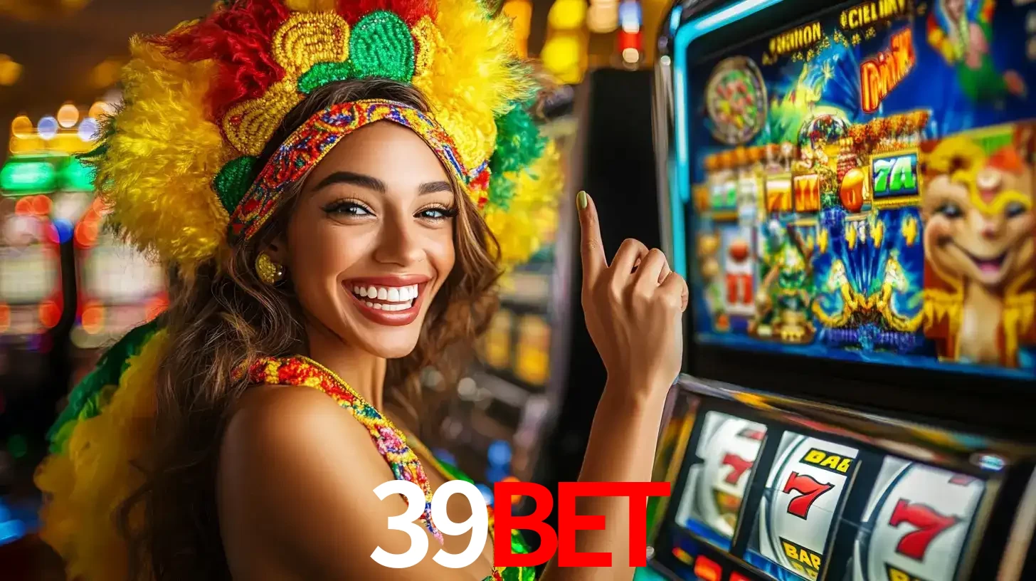 Mulher animada com um cocar de carnaval apontando para uma máquina de caça-níqueis, mostrando a emoção de ganhar um grande prêmio nos jogos do 39BET.