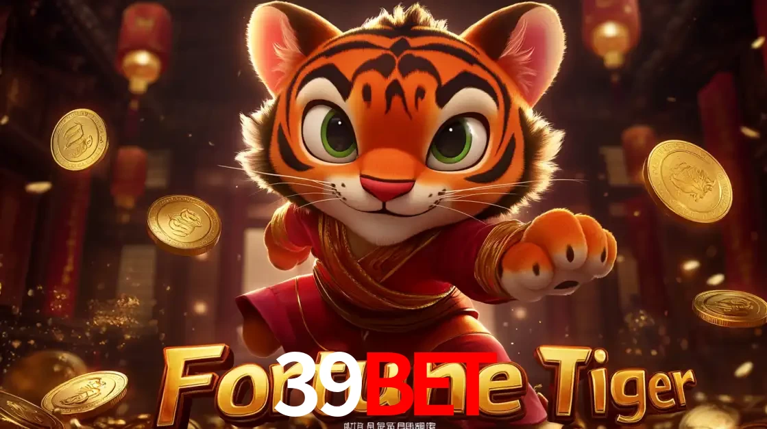 O carismático mascote do jogo de slot Fortune Tiger, um tigre fofo em pose de artes marciais, pronto para trazer sorte e multiplicadores de ganhos no cassino online 39BET.