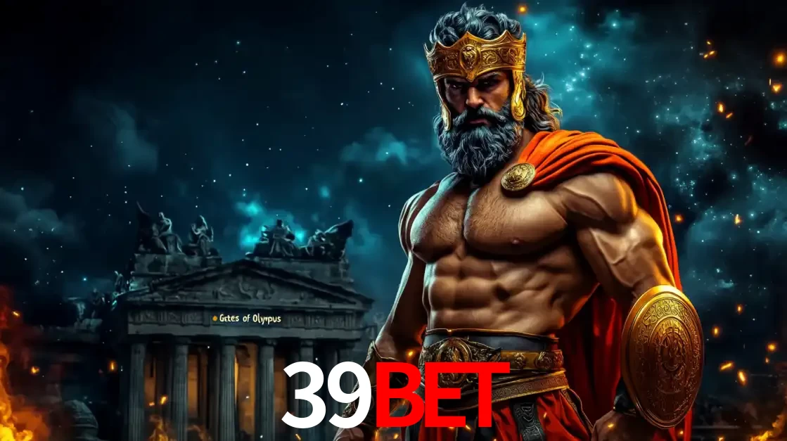 O poderoso Zeus do jogo de slot Gates of Olympus em frente ao seu templo, pronto para lançar multiplicadores divinos e prêmios épicos no cassino online 39BET.