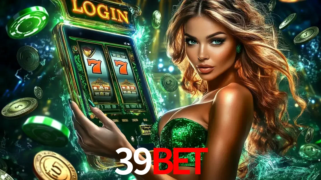 Mulher com tema verde apresentando o aplicativo do cassino 39BET com um jogo de slot de 777, cercada por fichas de cassino e uma aura de sorte.
