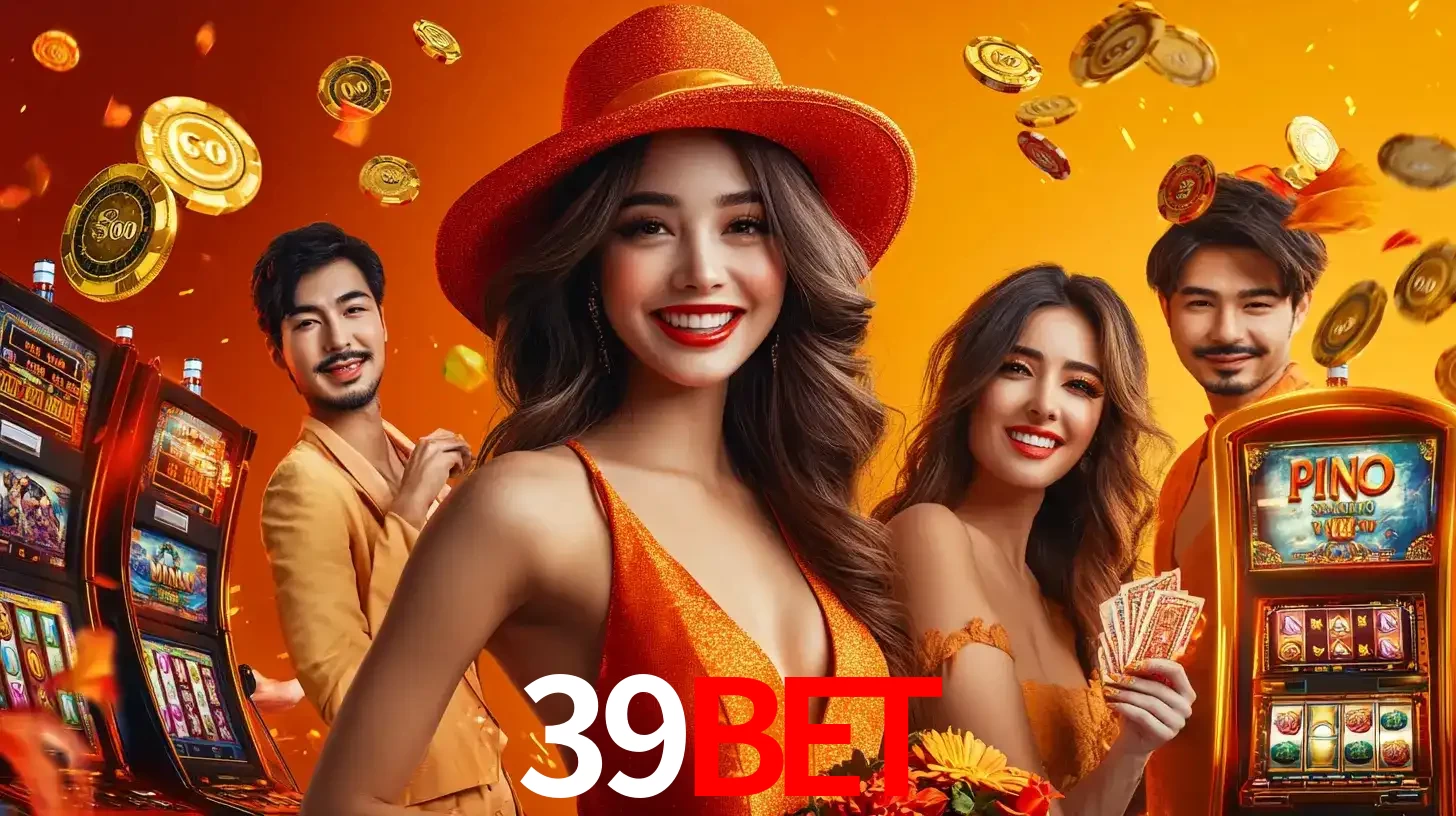Grupo de amigos asiáticos sorrindo e se divertindo com máquinas de caça-níqueis em um ambiente festivo, celebrando suas vitórias nos jogos de cassino do 39BET.