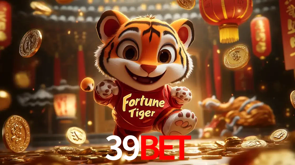 O alegre personagem do Fortune Tiger correndo sobre um caminho de moedas de ouro, simbolizando os grandes prêmios e a diversão do popular jogo de slot do 39BET.