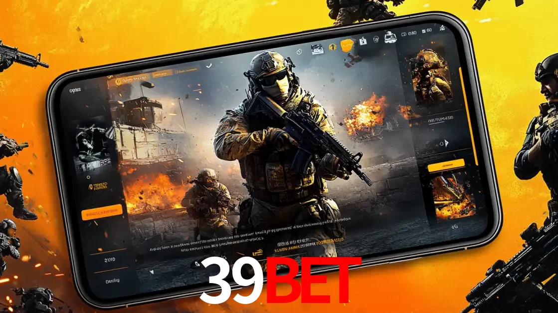 Um smartphone exibindo a interface de um jogo de tiro em primeira pessoa, com um soldado em um cenário de batalha, representando a ação dos e-sports para apostar no 39BET.