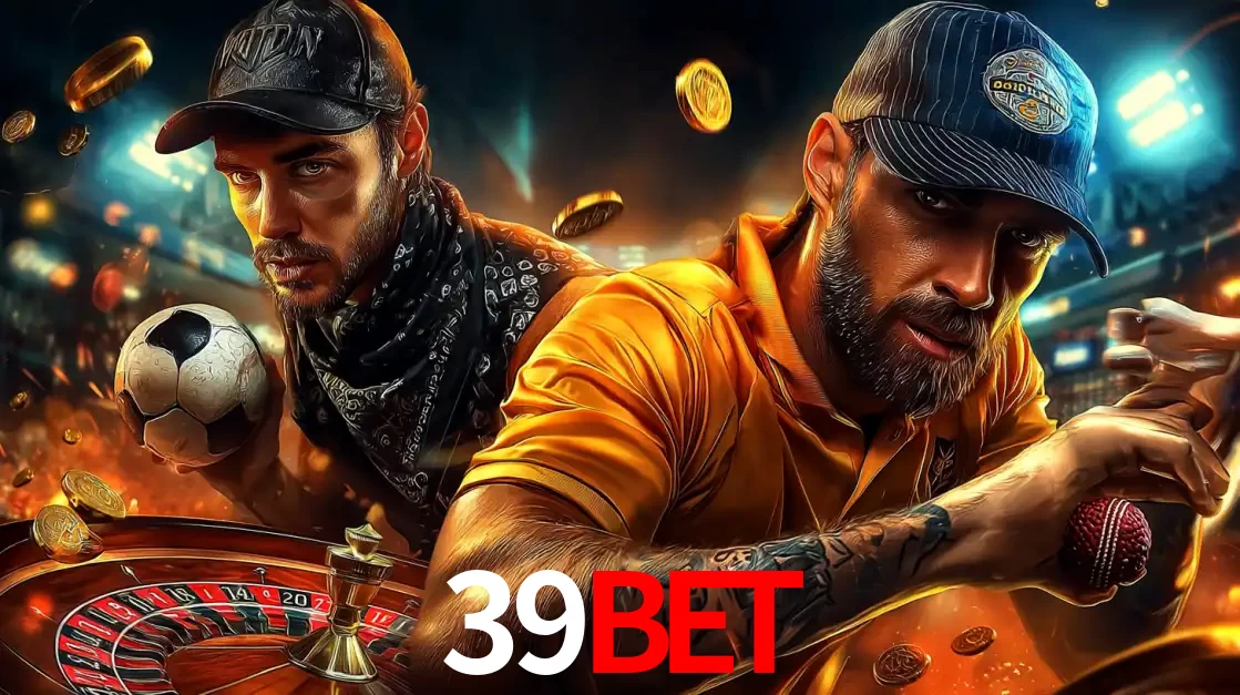 Montagem de apostas esportivas e cassino no 39BET, com um homem segurando uma bola de futebol e outro uma de beisebol sobre uma roleta e moedas voadoras.