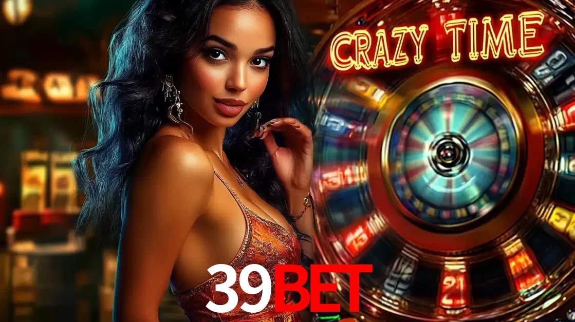 Mulher elegante ao lado da vibrante roda da fortuna do jogo de cassino ao vivo Crazy Time, um dos game shows mais populares e cheios de prêmios do 39BET.