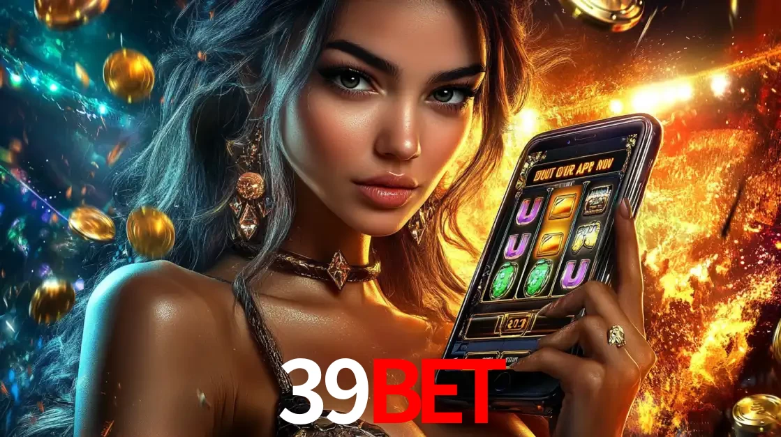 Mulher elegante mostrando um jogo de caça-níqueis em seu smartphone, destacando a experiência de cassino móvel oferecida pelo aplicativo 39BET.