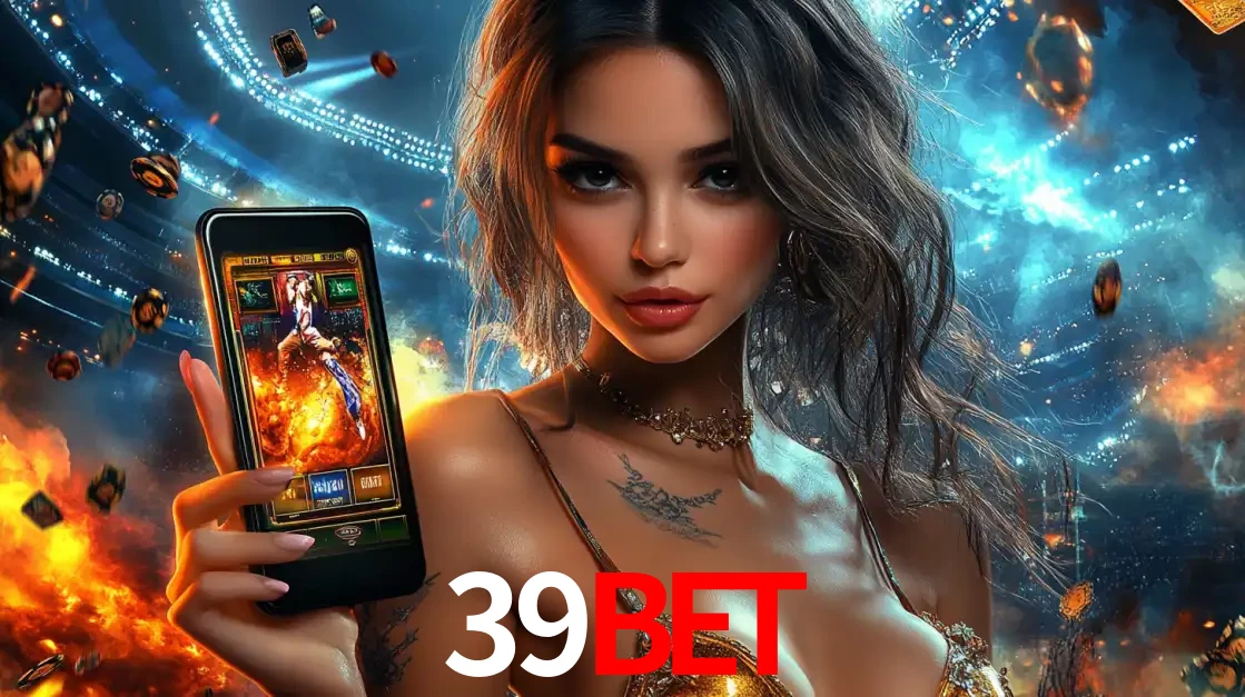 Mulher segurando um celular com um jogo de slot em destaque, tendo como fundo um estádio vibrante, simbolizando a emoção de jogar no cassino móvel 39BET.