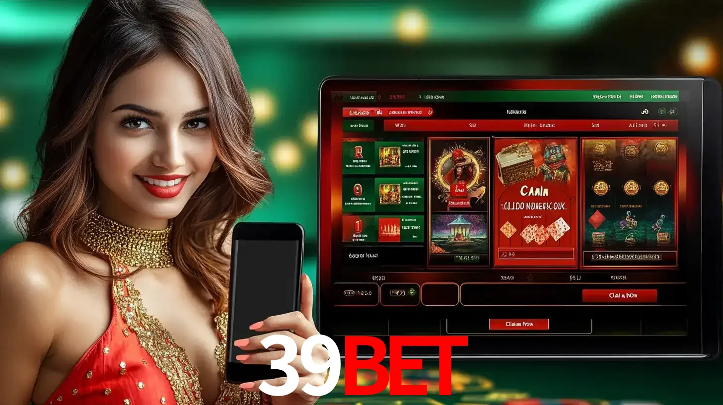 Mulher sorridente segurando um smartphone, ao lado de uma tela exibindo o lobby de jogos do cassino online 39BET, com várias opções de jogos de cartas e slots.